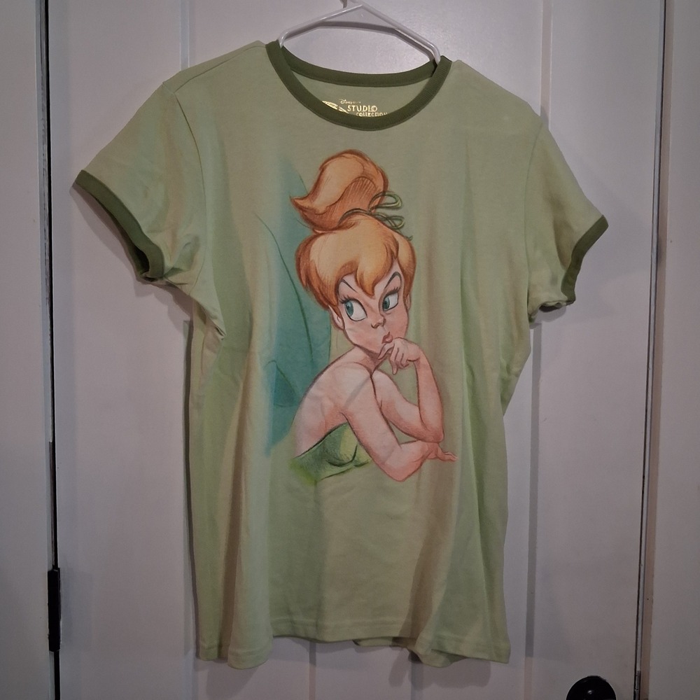 Disney Tinker Bell Ringer Tee Womens L Green Graphic Y2K Vintage Fairy Core Pop